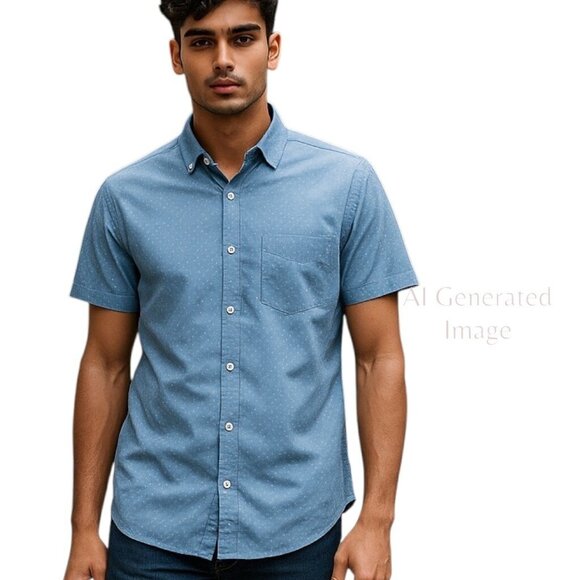 Denim & Flower Ricky Singh Mens Blue White Polka Dots Short Sleeves Size Large - Picture 1 of 14